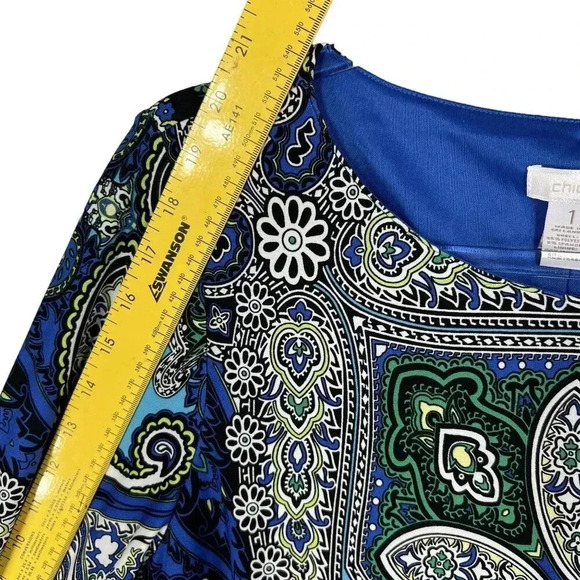 CHICOS 1 Medium Blue White Paisley 3/4 Sleeve Knit Bodycon Outdoor Shift Dress - Picture 10 of 16